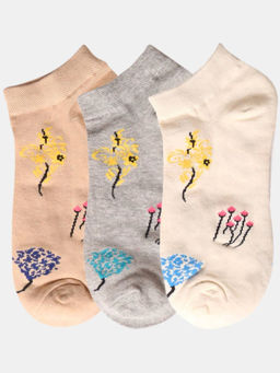 NEXT2SKIN - Women Beige & Grey Floral Print Cotton Socks (Pack of 3)