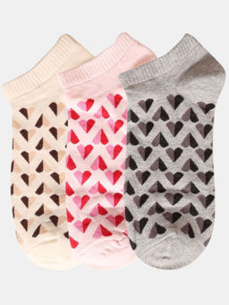 NEXT2SKIN - Women Pink Cream & Grey Heart Pattern Cotton Socks (Pack of 3)