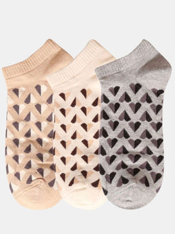 NEXT2SKIN - Women Beige Cream & Grey Heart Pattern Cotton Socks (Pack of 3)