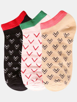 NEXT2SKIN - Women Pink Black & Beige Line & Shape Pattern Cotton Socks (Pack of 3)