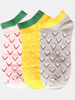 NEXT2SKIN - Women Pink Yellow & Grey Line & Shape Pattern Cotton Socks (Pack of 3)