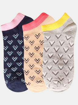 NEXT2SKIN - Women Navy Blue Beige & Grey Line & Shape Pattern Cotton Socks (Pack of 3)