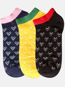 NEXT2SKIN - Women Navy Blue Yellow & Black Line & Shape Pattern Cotton Socks (Pack of 3)