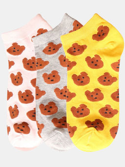 NEXT2SKIN - Women Cream Grey & Yellow Animal Pattern Cotton Socks (Pack of 3)