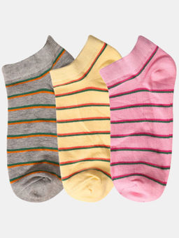 NEXT2SKIN - Women Grey Yellow & Pink Striped Pattern Cotton Socks (Pack of 3)