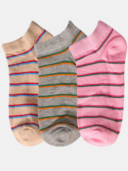 NEXT2SKIN - Women Beige Grey & Pink Striped Pattern Cotton Socks (Pack of 3)