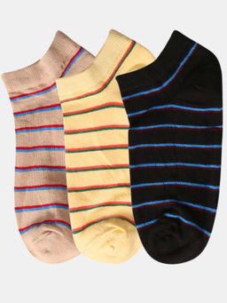 NEXT2SKIN - Women Beige Yellow & Black Striped Pattern Cotton Socks (Pack of 3)