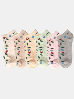 NEXT2SKIN - Women Multi-Color Floral Motif Cotton Socks (Pack of 6)