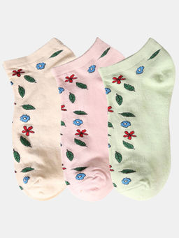 NEXT2SKIN - Women Beige Pink & Green Floral Motif Cotton Socks (Pack of 3)