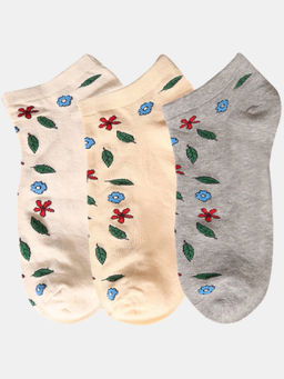 NEXT2SKIN - Women Beige Cream & Grey Floral Motif Cotton Socks (Pack of 3)
