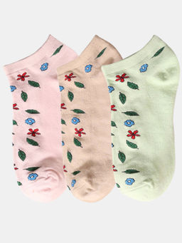 NEXT2SKIN - Women Pink Brown & Green Floral Motif Cotton Socks (Pack of 3)