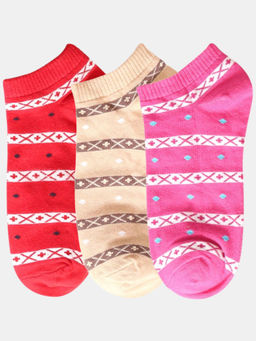 NEXT2SKIN - Women Red Beige & Pink Striped Pattern Cotton Socks (Pack of 3)