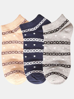 NEXT2SKIN - Women Beige Navy Blue & Grey Striped Pattern Cotton Socks (Pack of 3)