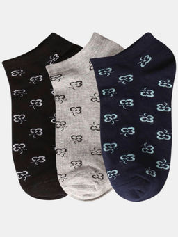 NEXT2SKIN - Women Black Grey & Navy Blue Floral Theme Cotton Socks (Pack of 3)