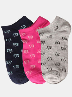 NEXT2SKIN - Women Navy Blue Pink & Grey Floral Theme Cotton Socks (Pack of 3)