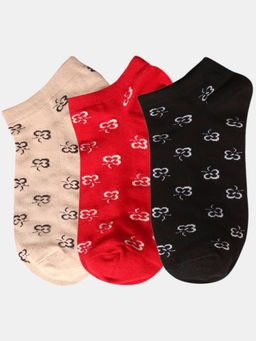 NEXT2SKIN - Women Beige Black & Red Floral Theme Cotton Socks (Pack of 3)