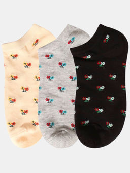 NEXT2SKIN - Women Black Cream & Grey Floral Pattern Cotton Socks (Pack of 3)