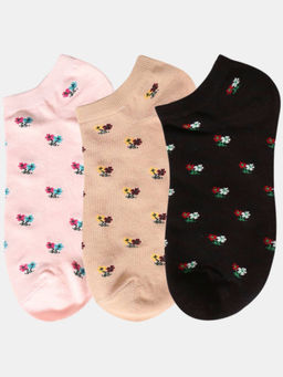 NEXT2SKIN - Women Beige Pink & Black Floral Pattern Cotton Socks (Pack of 3)