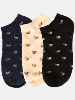 NEXT2SKIN - Women Navy Blue Cream & Black Floral Pattern Cotton Socks (Pack of 3)