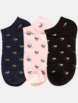 NEXT2SKIN - Women Navy Blue Pink & Black Floral Pattern Cotton Socks (Pack of 3)