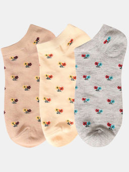 NEXT2SKIN - Women Beige Cream & Grey Floral Pattern Cotton Socks (Pack of 3)