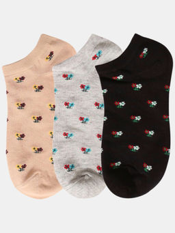 NEXT2SKIN - Women Beige Black & Grey Floral Pattern Cotton Socks (Pack of 3)