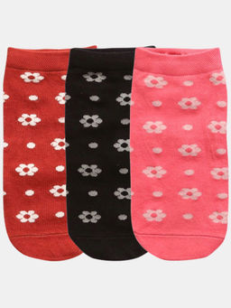NEXT2SKIN - Women Red Black & Peach Bloom Pattern Cotton Socks (Pack of 3)