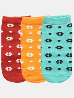 NEXT2SKIN - Women Red Yellow & Blue Bloom Pattern Cotton Socks (Pack of 3)