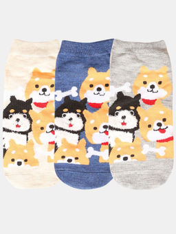 NEXT2SKIN - Women Beige Blue & Grey Puppy Pattern Cotton Socks (Pack of 3)