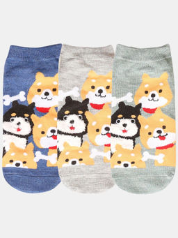 NEXT2SKIN - Women Grey & Blue Puppy Pattern Cotton Socks (Pack of 3)