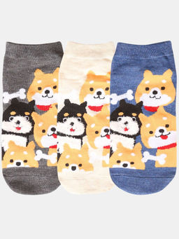 NEXT2SKIN - Women Grey Beige & Blue Puppy Pattern Cotton Socks (Pack of 3)