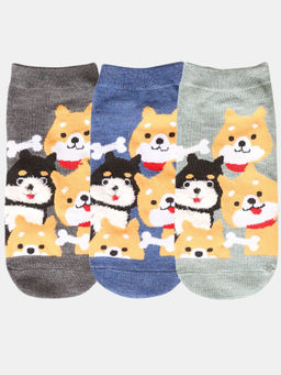 NEXT2SKIN - Women Dark Grey & Blue Puppy Pattern Cotton Socks (Pack of 3)
