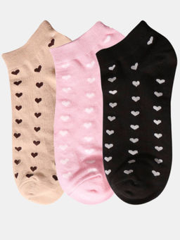 NEXT2SKIN - Women Beige Pink & Black Tiny Hearts Cotton Socks (Pack of 3)