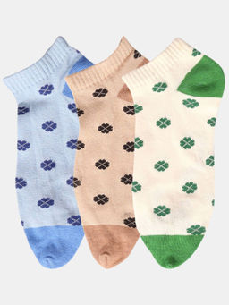 NEXT2SKIN - Women White Beige & Blue Floral Pattern Cotton Thumb Socks (Pack of 3)