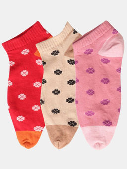 NEXT2SKIN - Women Beige Red & Pink Floral Pattern Cotton Thumb Socks (Pack of 3)
