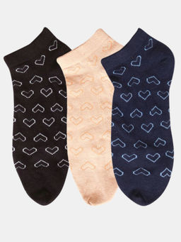 NEXT2SKIN - Women Black Beige & Navy Blue Heart Pattern Cotton Thumb Socks (Pack of 3)