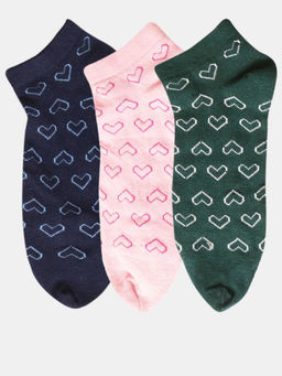 NEXT2SKIN - Women Navy Blue Pink & Grey Heart Pattern Cotton Thumb Socks (Pack of 3)