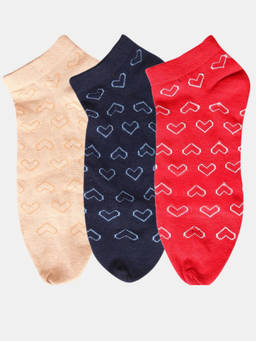 NEXT2SKIN - Women Navy Blue Red & Beige Heart Pattern Cotton Thumb Socks (Pack of 3)