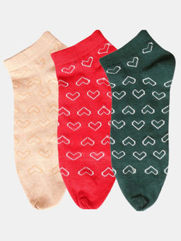 NEXT2SKIN - Women Red Beige & Grey Heart Pattern Cotton Thumb Socks (Pack of 3)