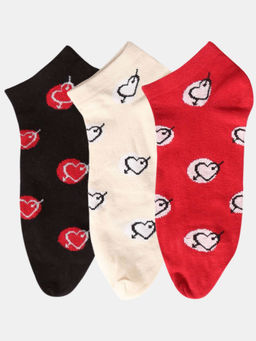 NEXT2SKIN - Women Black Beige & Red Cotton Thumb Heart Pattern Socks (Pack of 3)
