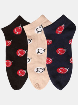 NEXT2SKIN - Women Black Beige & Navy Blue Cotton Thumb Heart Pattern Socks (Pack of 3)