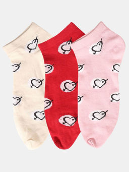 NEXT2SKIN - Women Pink Beige & Red Cotton Thumb Heart Pattern Socks (Pack of 3)