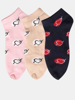 NEXT2SKIN - Women Pink Beige & Black Cotton Thumb Heart Pattern Socks (Pack of 3)
