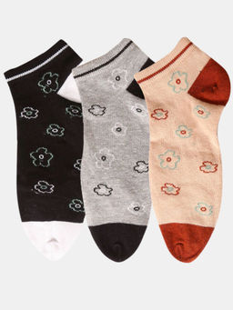 NEXT2SKIN - Women Beige Black & Grey Floral Pattern Cotton Thumb Socks (Pack of 3)