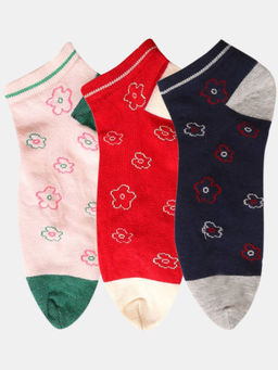 NEXT2SKIN - Women Navy Blue Pink & Red Floral Pattern Cotton Thumb Socks (Pack of 3)