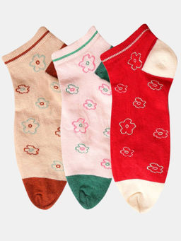 NEXT2SKIN - Women Pink Beige & Red Floral Pattern Cotton Thumb Socks (Pack of 3)