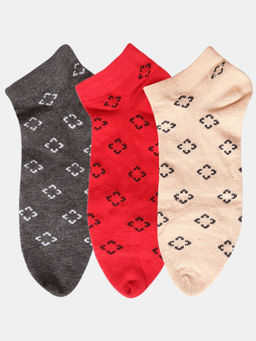 NEXT2SKIN - Women Red Beige & Grey Mix Pattern Cotton Thumb Socks (Pack of 3)