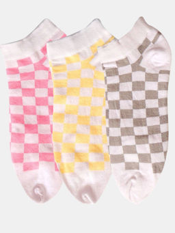 NEXT2SKIN - Women Pink Yellow & Grey Block Pattern Cotton Thumb Socks (Pack of 3)
