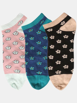 NEXT2SKIN - Women Pink Blue & Black Cotton Thumb Floral Pattern Socks (Pack of 3)