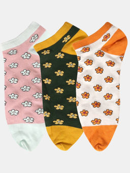 NEXT2SKIN - Women Pink Black & White Cotton Thumb Floral Pattern Socks (Pack of 3)